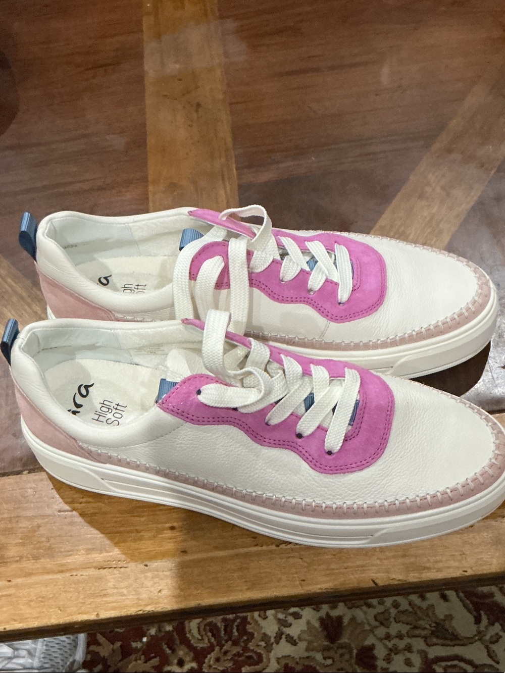 Ara high soft White Leather Sneakers with Pink Suede Accents - Picture 2 of 7